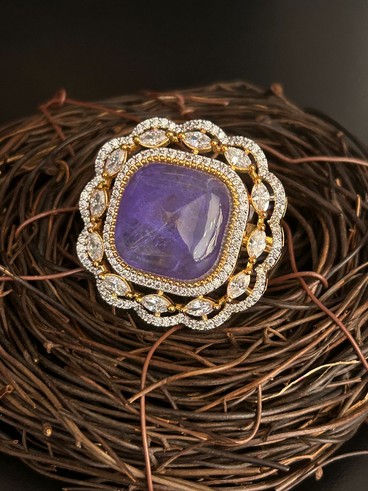 Royal Purple Stone Cocktail Ring with Diamond Accents – Adjustable Statement Ring